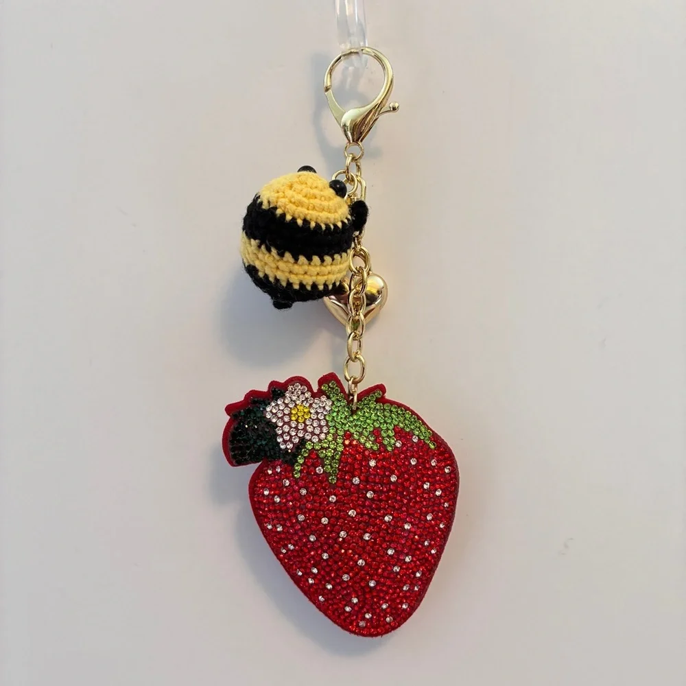 Eye Candy Los Angeles Crochet Bumble Bee Beaded Strawberry Bag Charm Keychain